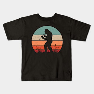 Bigfoot Sasquatch Playing The Recorder Vintage Sunset Music Lover Kids T-Shirt